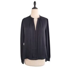 DVF Silk Billow Blouse Womens 12 Black Split V-neck Minimalist Quiet Luxury Work